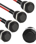 5-pack 12mm Momentary Push Button Switch Waterproof IP65 Black Aluminum Alloy Shell Pre Wired Normally Open for cars and DIY electronics.