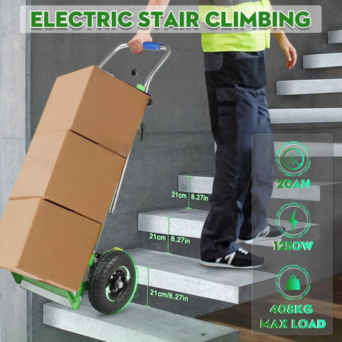 Heavy Duty Electric Stair Climbing Hand Truck With Upgraded Rubber Tracks And Height Adjustable Tray Carrying 900 Pounds Lithium Battery And Safety Rope Perfect For Moving Warehouse Or High Rise Buildings In Green, transporting boxes up stairs.