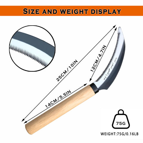 Grass Sickle With Sawtooth Edge Weeding Hoe For Garden, high toughness stainless steel and solid wood handle, size display