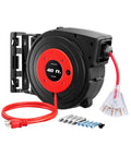 Retractable Extension Cord Reel With 40 Ft Heavy Duty Power Cord 12/3C SJTOW Lighted Triple Tap Outlets 15A Circuit Breaker Wall Mount