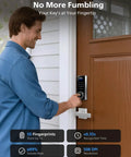Wifi Smart Deadbolt Lock Set With Two Lever Handles And Keypad Front Door upgrade shown with user entering code on door.
