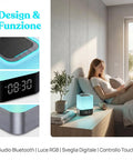 Five In One Night Light Bluetooth Speaker Alarm Clock MP3 Player With Touch Sensor LED Lamp on a bedside table.