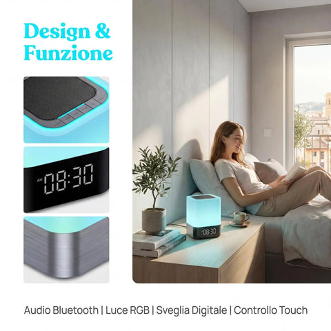 Five In One Night Light Bluetooth Speaker Alarm Clock MP3 Player With Touch Sensor LED Lamp on a bedside table.
