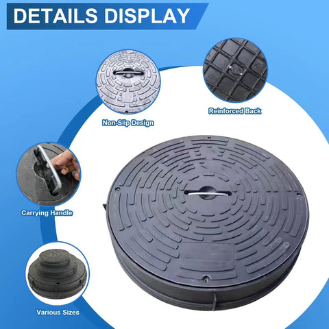 Manhole Cover And Frame Made From PE Plastic With Handle, heavy-duty round septic tank lid showing non-slip design and handle.