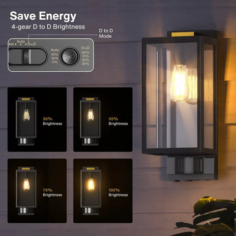 Motion Sensor Outdoor Wall Light Dusk To Dawn Black Square Exterior Lantern For Porch And Garage Three Mode Setting With Easy Adjustable Panel Modern Wall Mount Lights Bulb Not Included showing brightness settings.