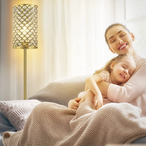 Gold Crystal Floor Lamp With On Off Foot Switch, Modern Tall Standing Lamp for Living Room with Luxe Crystal Shade