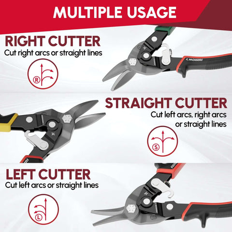Left Straight Right Tin Snips Set 8 Inch for metal sheet cutting, high leverage aviation snips with CRV steel, multiple usage illustration