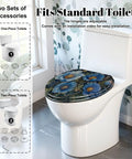 Elongated Vintage Botanical Blue Detailed Foliage Toilet Seat on a standard toilet with floral design in a bathroom setting.