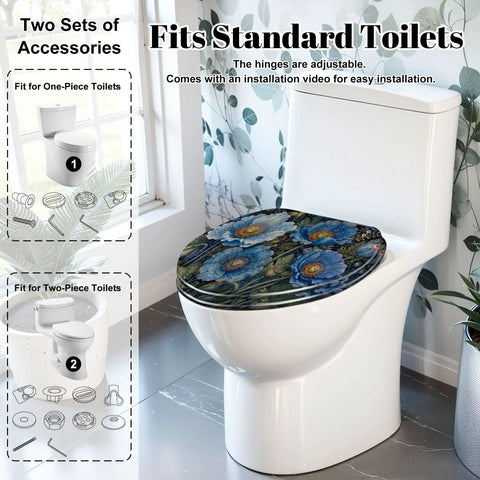 Elongated Vintage Botanical Blue Detailed Foliage Toilet Seat on a standard toilet with floral design in a bathroom setting.