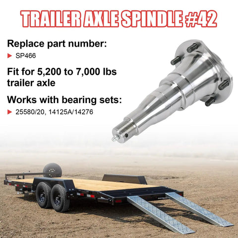 Ez Lube Trailer Spindle 42 with 5 bolt flange for 5200 to 7000 lb trailer axles shown above a flatbed trailer in the image.