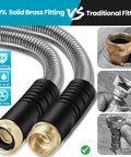 Heavy Duty Metal Garden Hose With Stainless Steel Braided Construction, One Hundred Foot Length, Three Quarter Inch GHT Solid Brass Connectors shown next to traditional fittings.