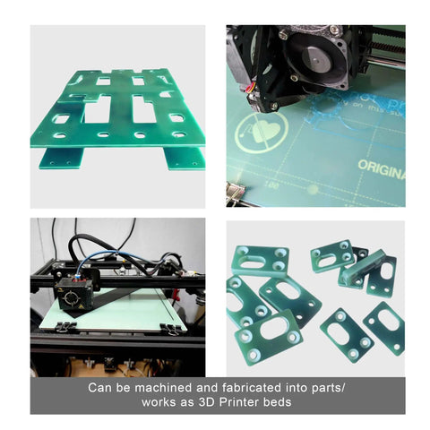 Three Pack Garolite G10 FR4 Build Surface Sheets for 3D Printers, 235x235mm Each, showing different angles and uses.