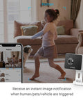 Child playing in living room monitored by 1080P Mini WiFi Pet Camera With Night Vision And Two Way Audio, app showing detected motion