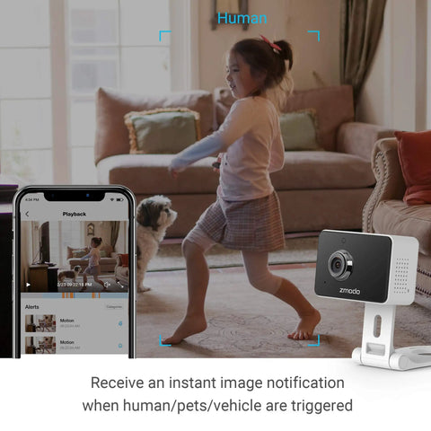 Child playing in living room monitored by 1080P Mini WiFi Pet Camera With Night Vision And Two Way Audio, app showing detected motion