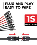 Solar Y Branch Connectors Set For 2 To 8 Panels with plug and play labels and wiring connectors illustration.