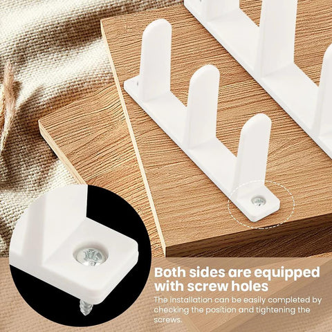 Close-up of 4 Pack Universal Closet Door Floor Guide Kit for One Three Eighths Inch Thick Doors ABS Sliding Door Bottom Guide White Durable Plastic Rail System with Eight Screws for Easy Installation showing the screw holes and placement on wooden boards.