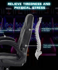 Side view of ergonomic gaming chair lumbar support and flip-up armrests focusing on backrest with skeletal diagram overlay.