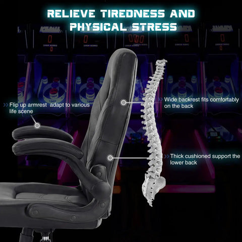 Side view of ergonomic gaming chair lumbar support and flip-up armrests focusing on backrest with skeletal diagram overlay.