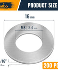 Stainless Steel Fender Flat Washers 200 Pcs M8 X 16mm For Bolts And Screws, 304 Stainless Hardware diagram showing dimensions
