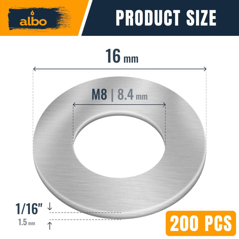 Stainless Steel Fender Flat Washers 200 Pcs M8 X 16mm For Bolts And Screws, 304 Stainless Hardware diagram showing dimensions