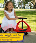 Toddler Wiggle Car Ride On Toy Zero Battery Hassle develops motor skills, red plastic ride-on car outdoors with child.