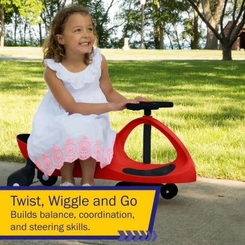 Toddler Wiggle Car Ride On Toy Zero Battery Hassle develops motor skills, red plastic ride-on car outdoors with child.