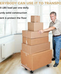Heavy Duty Wood Furniture Moving Dolly With Four 360 Degree Wheels Supports Up To 500 Lbs Ideal For Sofa Couch Washer Refrigerator And Other Large Items 23 X 11.5 Inches Built From Premium Wood For Durable Long Lasting Use On Hardwood Floors, man transporting boxes