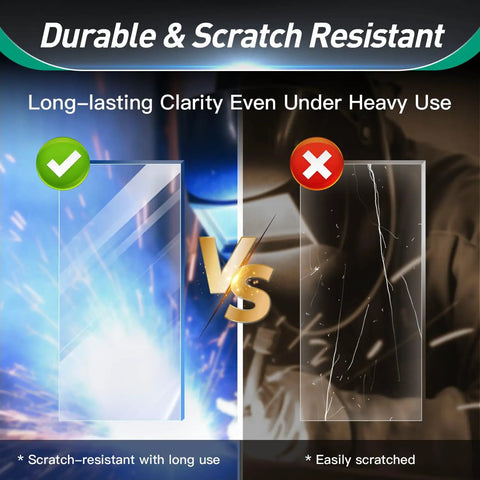 Comparison of Ten Pack Front Cover Replacement Lenses For Welding Helmets Model 770237 showing scratch resistance and clarity.