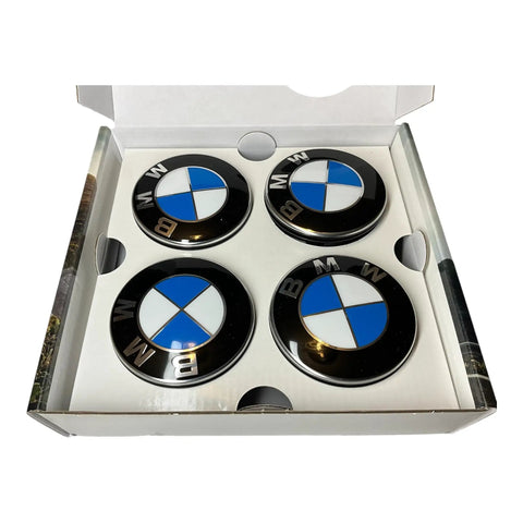 BMW Floating Center Caps For All Original Alloy Wheels With 5x120 Bolt Pattern 65mm Roundel Set Of Four in packaging