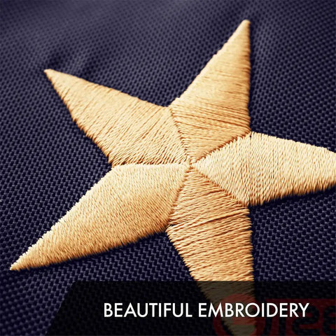 Close-up of star embroidery on Betsy Ross 1776 Tea Stained Flag 3x5 Ft, made with ToughWeave Pro Series 420D polyester.