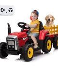 Child driving 12V Kids Ride On Tractor With Trailer And Remote Control, 5 MPH Speed, Red Electric Tractor for Toddlers, dog in trailer