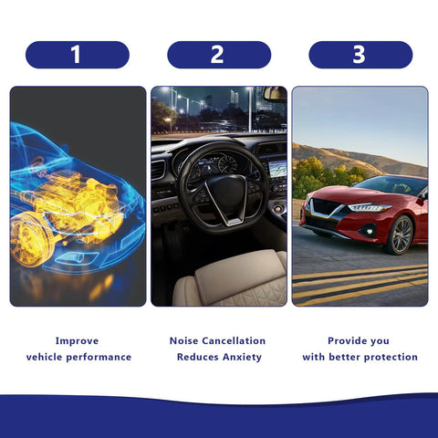 Diagram showing car engine, car interior, and Nissan car on road with captions "Improve vehicle performance," "Noise Cancellation," "Better protection."