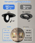 Slick 12 Pack 4 Inch Black Gimbal Led Recessed Lights 5Cct Canless Downlights showcasing 360 rotation and 90 tilt features.