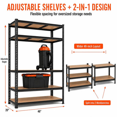 Extra Wide 46 Inch Garage Shelving System Heavy Duty Five Tier Storage Rack Holds 3000 Pounds Rock Solid Steel Frame Built Like A Tank For Garage Storage And Shop Organization