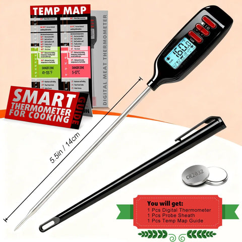 Digital Meat Thermometer With Long Probe Instant Read In Two Seconds Backlit Display For Grilling Cooking Baking Candy Oil And Liquid Thermometer Battery Included Perfect Kitchen Tool For A Boss Level Cook with battery and accessories visible