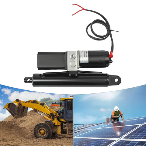 Side view of a 12V heavy-duty hydraulic linear actuator with black cylinder and wiring, mounted on a metal bracket.