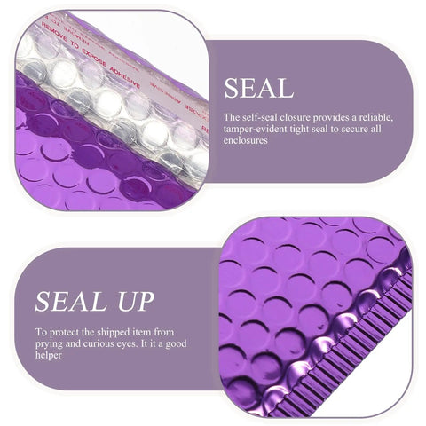 Close-up of Purple Bubble Mailers 18x23cm Self Seal Padded Envelopes With Thickened Aluminum Foil Cushioning showing sealing detail.