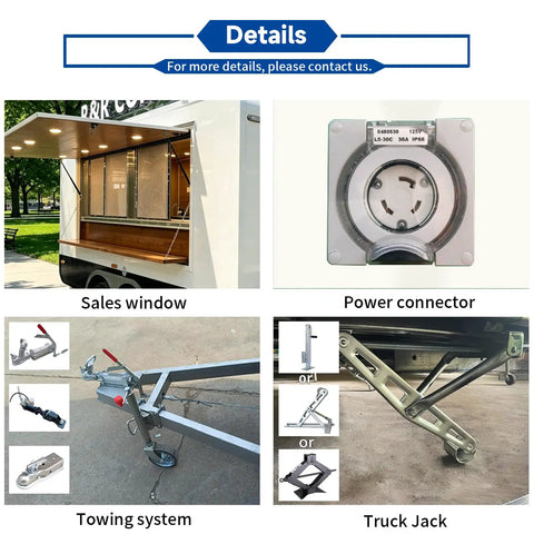Turnkey Mobile Coffee Trailer For Sale 13 Foot Fully Equipped Commercial Food Truck showing sales window, power connector, towing system, truck jack.