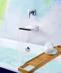 High Flow Wall Mount Tub Filler With Large Waterfall Spout And Single Lever Handle Pressure Balance Valve Included Chrome Finish cUPC Certified Delivers Spa Level Waterfall And Fast 8 GPM Fill in use over bathtub
