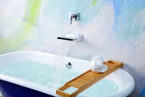 High Flow Wall Mount Tub Filler With Large Waterfall Spout And Single Lever Handle Pressure Balance Valve Included Chrome Finish cUPC Certified Delivers Spa Level Waterfall And Fast 8 GPM Fill in use over bathtub