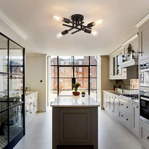 Kitchen with semi flush mount 4 light ceiling chandelier matte black with E26 base for modern farmhouse kitchen dining room living room bedroom and study create a cozy yet sleek vibe that upgrades any space easy to install.