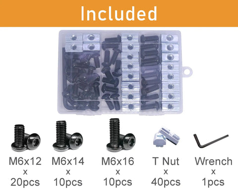 All In One M6 T Nut And Screws Kit For 1010 Aluminum Extrusion with 40 M6 socket cap screws, 96 sliding T nuts, 1 hex wrench visible