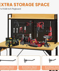 Heavy Duty 48 Inch Adjustable Workbench With Pegboard And Smooth Rolling Casters Built Like A Tank For Welding Jobs And Knockout Garage Tool Storage With AC USB Charging Ports And Sweet Hanging Hooks showing pegboard and tools.