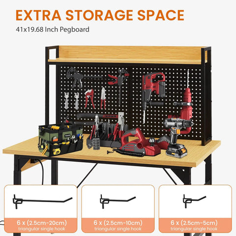 Heavy Duty 48 Inch Adjustable Workbench With Pegboard And Smooth Rolling Casters Built Like A Tank For Welding Jobs And Knockout Garage Tool Storage With AC USB Charging Ports And Sweet Hanging Hooks showing pegboard and tools.