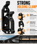 Close-up of a Six Pack Shovel Mounts for Truck Bed and Roof Rack Heavy Duty Tool Holder Kit featuring metal brackets and rubber straps.