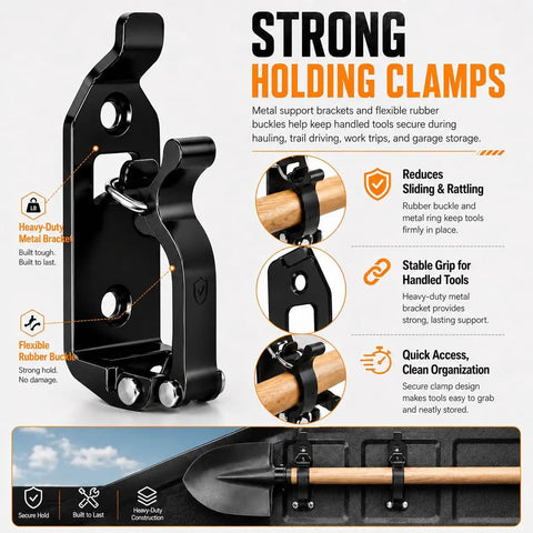 Close-up of a Six Pack Shovel Mounts for Truck Bed and Roof Rack Heavy Duty Tool Holder Kit featuring metal brackets and rubber straps.