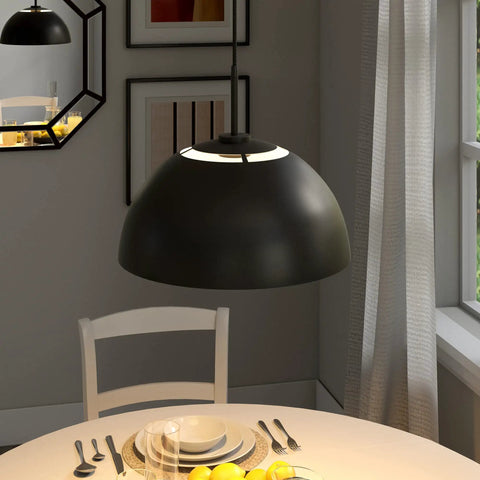 16 Inch Wide Pendant Light With Metal Shade In White And Brushed Brass illuminating dining table with ambient glow