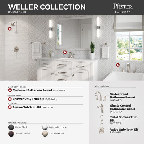 Brushed nickel bathroom with variety of faucet fixtures including centerset faucet, shower trim kit, and roman tub trim kit.