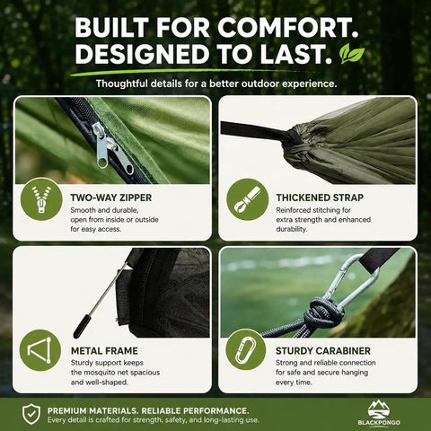 Detailed view of Camping Hammock With Mosquito Net 360 Degree Protection Ultrafine Mesh 770 Lbs Capacity With Tree Straps, showing zipper and strap highlights.