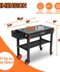 Portable Griddle Table Cart For 17 Inch And 22 Inch Griddles Foldable Outdoor Stand With Caddy Wheels and Dual Shelves